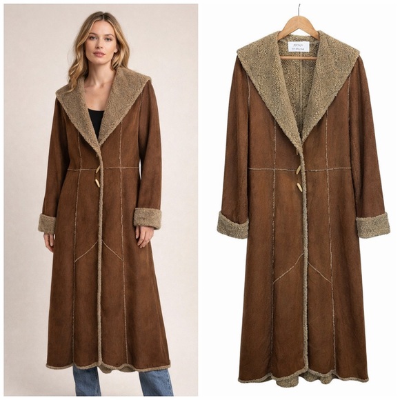 Dana Buchman Jackets & Blazers - Dana Buchman Shearling Long Coat 10 Boho Rustic Toggle Faux Suede Penny Lane